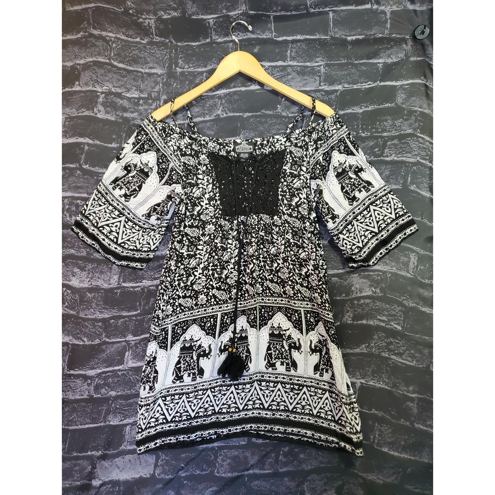 Angie Boho Shift Dress Black Elephant‎ Print Off Shoulder Crochet Womens Medium